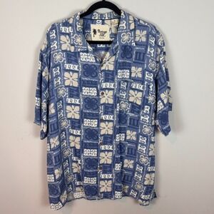 Vintage Silk Mens Blue Floral Hawaiian Tropical 100% Silk Button up Shirt SZ XL